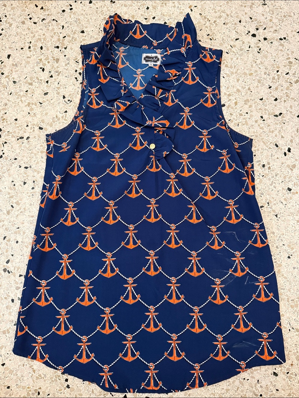 Mud Pie Navy Ruffle Collar Sleeveless Top with Orange Anchor Print